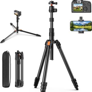 71" Camera Tripod, Tripod for Camera Phone with 360°Ball Head and Smartphone Holder, Aluminum DSLR Tripod Stand, Travel for Phone/DSLR/SLR/Projector/Video Recording, Max Load 8kg/17.64lb