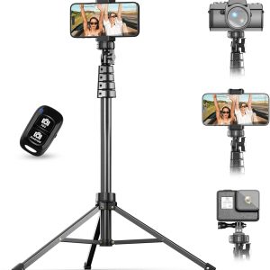 67" Phone Tripod & Selfie Stick, Camera Tripods Stand with Wireless Remote and Phone Holder,Compatible with iPhone Android Phone, Perfect for Selfies/Video Recording/Live Streaming Black