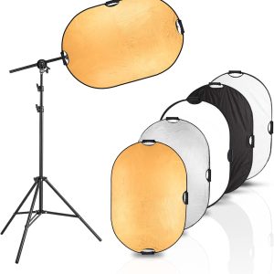 Photography Reflector Stand kit, 24x36 inches 5 in 1 reflectors with 78 inches Light Stands and Extendable Holder Arm Clips for Photo Studio Lighting