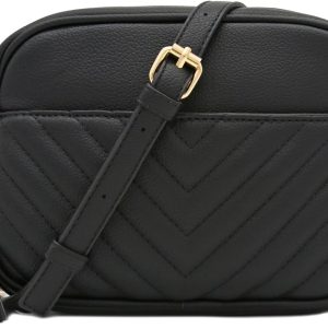 Chevron Quilted Crossbody Camera Bag with Chain Strap and Tassel