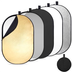 24" x36”(60x90cm) 5-in-1 Oval Foldable Reflector with Carrying Bag, Gold, Silver, Black, White Reflective Fabric and Translucent Soft Fabric for Studio Lighting