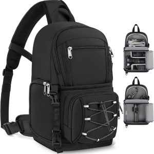 Small DSLR/mirrorless camera bag, waterproof shoulder/crossbody camera bag with removable padded inner liner and tripod stabilizer