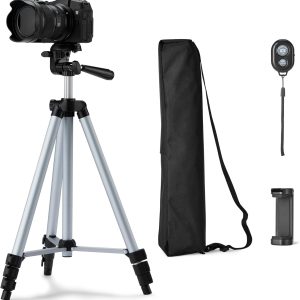 50" Lightweight Tripod for Camera and Phone with Travel Bag, Remote Control, Height Adjustable, 360-Degree Rotation, Aluminum, Silver