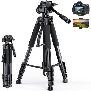 67” Camera Tripod with Travel Bag, Cell Phone Tripod with Bluetooth Remote and Phone Holder, Compatible with All Cameras, Cell Phones, Projector, Webcam, Spotting Scopes