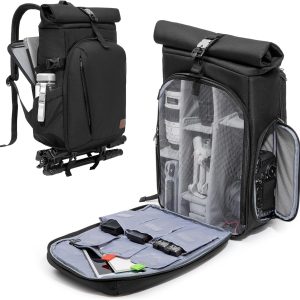 Camera Backpack with Padded Laptop Sleeve and Tripod Holder, Camera Bags for Photographers with Adjustable Dividers, Black